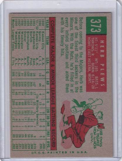 Vintage Topps Baseball card #373 Herb Plews with Santa Claus swinging a bat