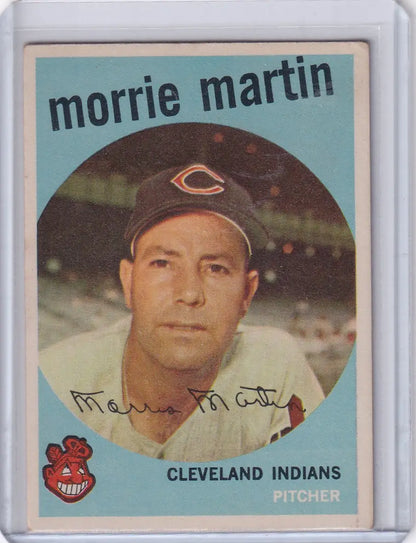 Vintage 1959 Topps Baseball card of Morrie Martin, Cleveland Indians pitcher with logo