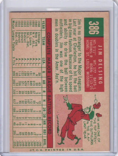 Vintage Topps Baseball card of Jim Delsing with sliding player illustration and stats
