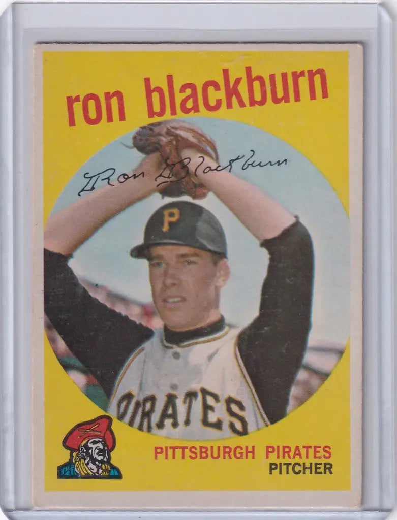 1959 Topps Baseball card of Ron Blackburn in pitching stance for Pittsburgh Pirates