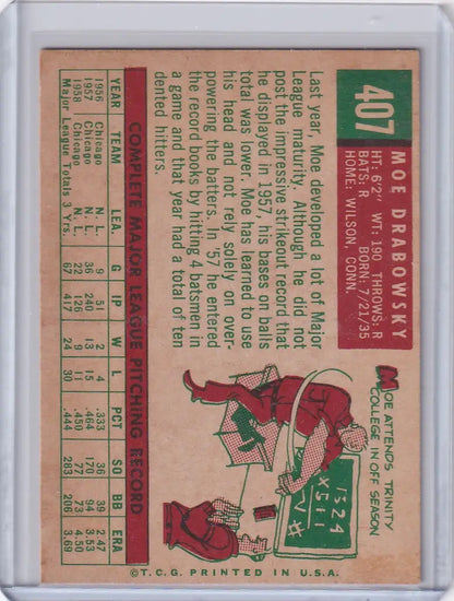 Vintage 1959 Topps Baseball card of Moe Drabowsky sliding into base for Chicago Cubs