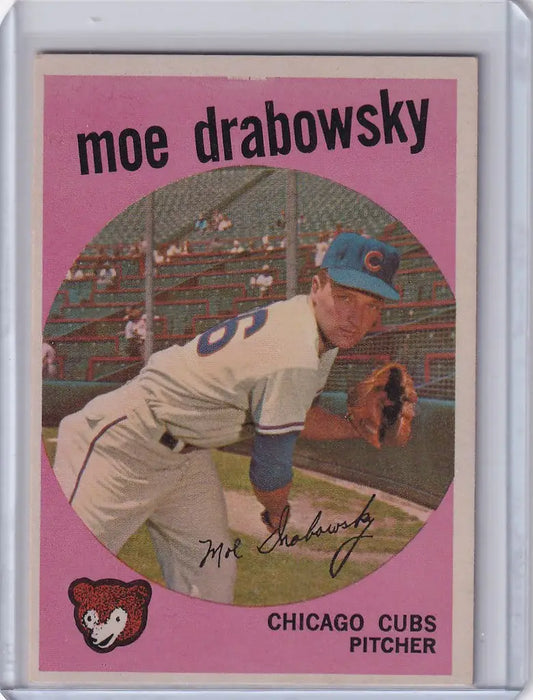 Vintage 1959 Topps Baseball card of Moe Drabowsky, Chicago Cubs pitcher in action