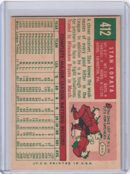 Vintage Topps Baseball card of Stan Lopata sliding into base for the Philadelphia Phillies