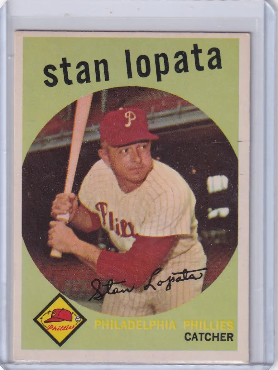 Vintage 1959 Topps Baseball card of Stan Lopata, Philadelphia Phillies catcher in stance