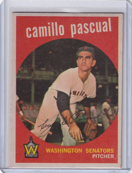 Baseball card of Camilo Pascual from 1959 Topps Baseball, showcasing Washington Senators pitcher