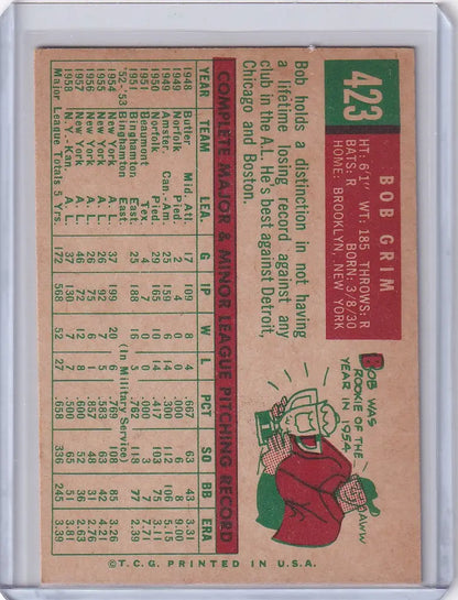 Vintage 1959 Topps Baseball card of Bob Grim from the Kansas City Athletics