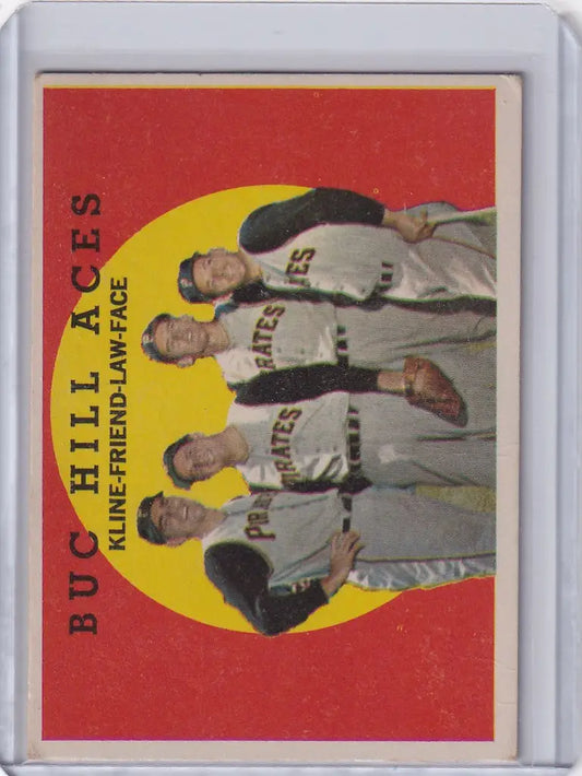 Vintage baseball card of Buc Hill Aces featuring Ron Kline, Bob Friend, Vern Law, Roy Face