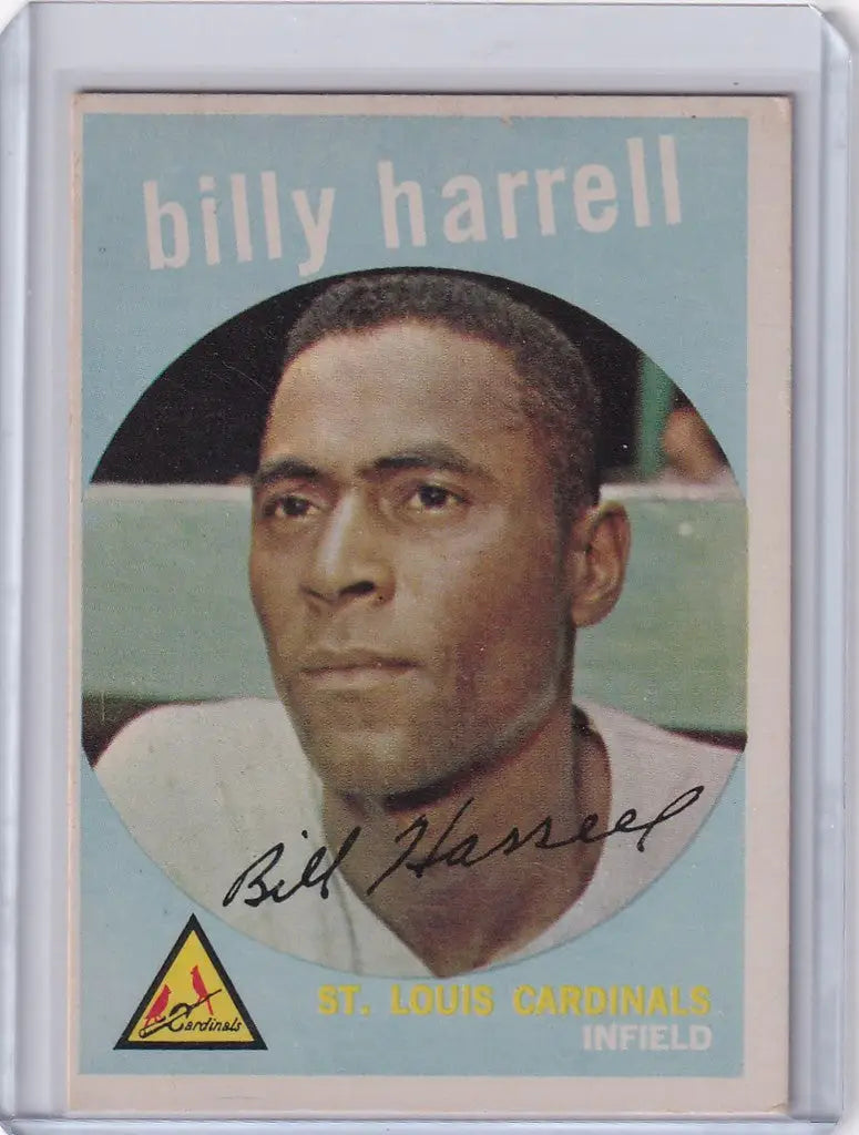 Vintage Topps Baseball card of Billy Harrell, St. Louis Cardinals player from 1959