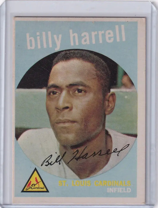 Vintage Topps Baseball card of Billy Harrell, St. Louis Cardinals player from 1959