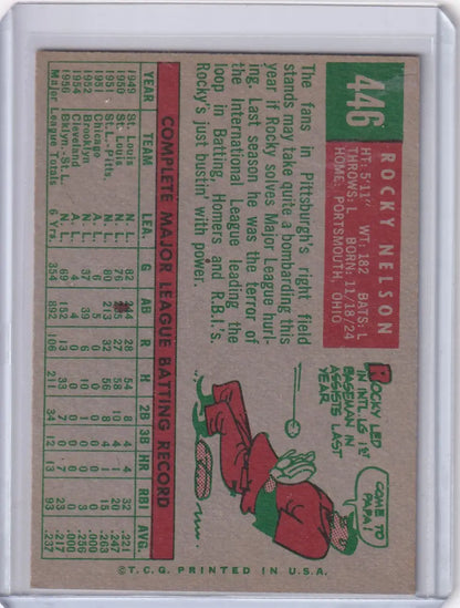 Vintage 1959 Topps Baseball card of Rocky Nelson from Pittsburgh Pirates on colorful background