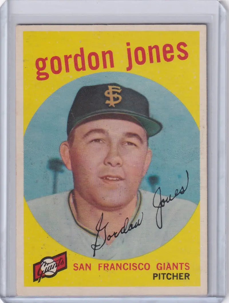 Vintage 1959 Topps Baseball card of Gordon Jones, San Francisco Giants pitcher in black cap