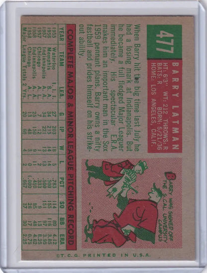 Vintage Topps Baseball card featuring Barry Latman and Chicago White Sox player stats