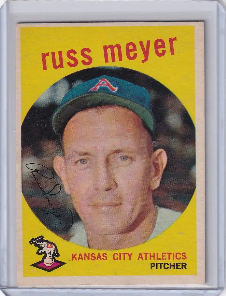Baseball card of Russ Meyer from 1959 Topps Baseball, Kansas City Athletics pitcher