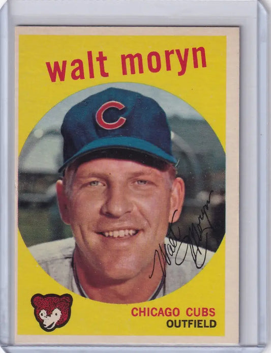 Baseball card of Walt Moryn, Chicago Cubs, on a bright yellow background by Topps Baseball