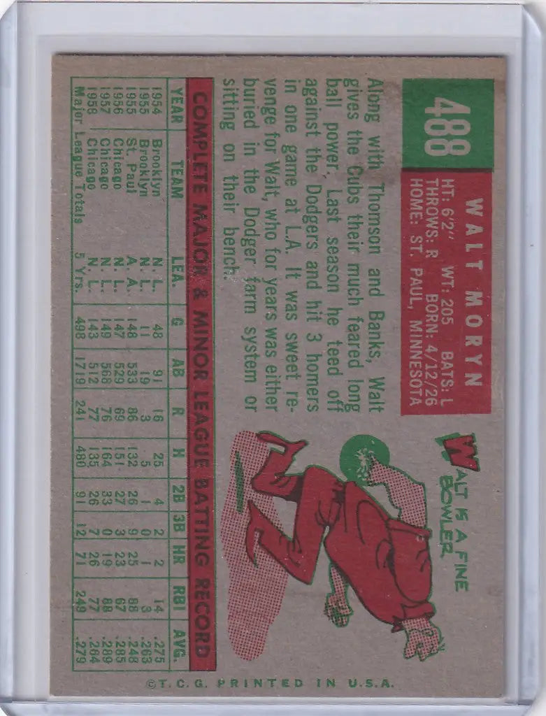 Baseball card of Walt Moryn sliding for the Chicago Cubs from Topps Baseball 1959