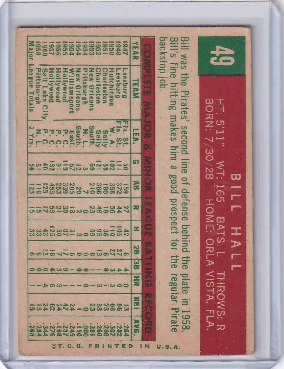 1959 Topps Baseball #49 Bill Hall - Pittsburgh Pirates RC