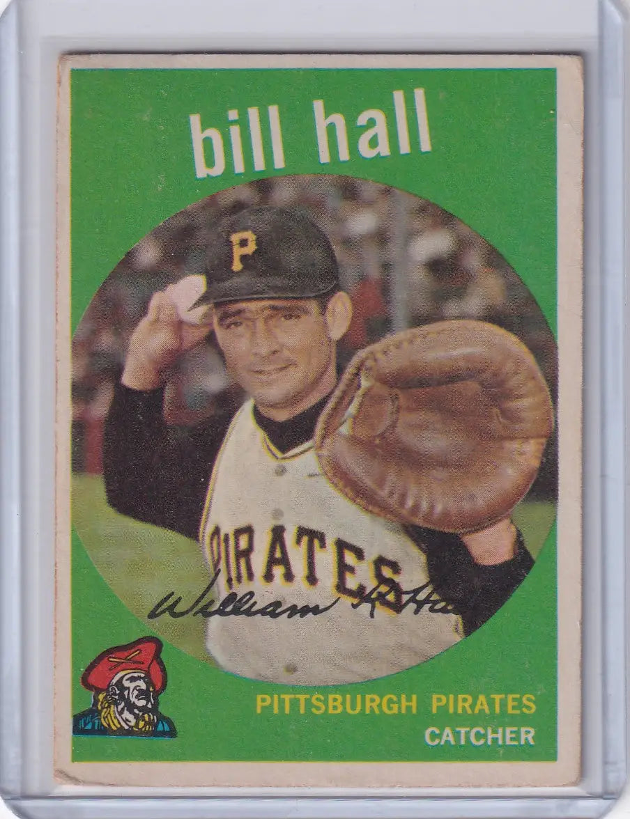 Vintage 1959 Topps Baseball card of Bill Hall, Pittsburgh Pirates catcher in uniform