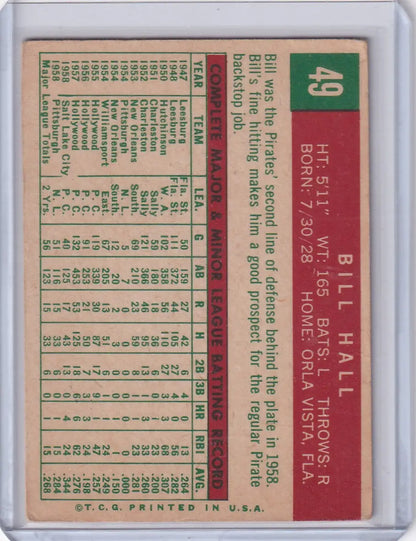 Back side of 1959 Topps Baseball #49 Bill Hall - Pittsburgh Pirates RC with stats