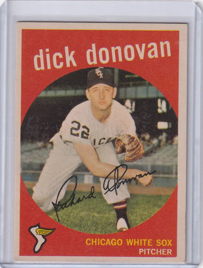 1959 Topps Baseball card of Dick Donovan, Chicago White Sox pitcher in white uniform