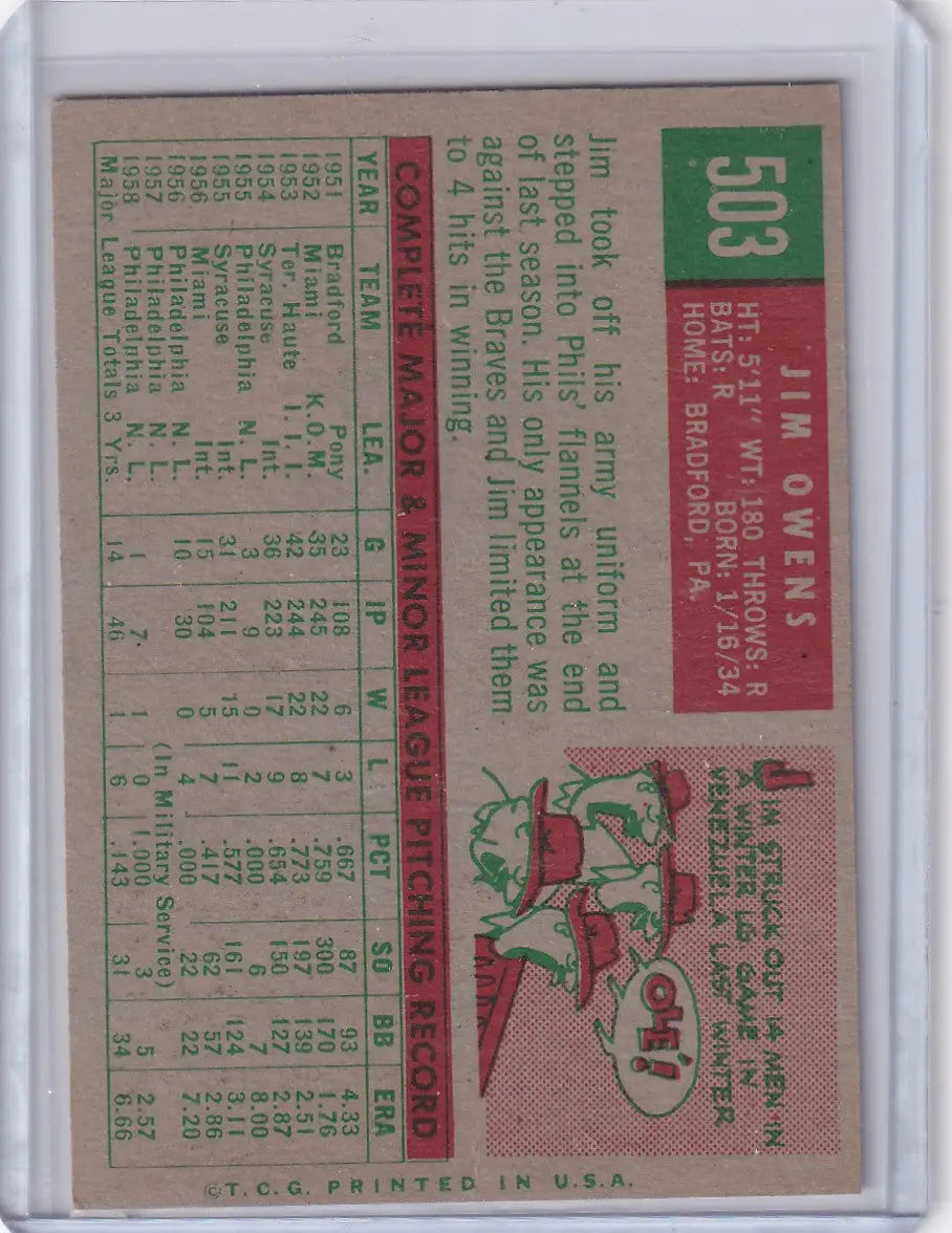 1959 Topps Baseball #503 Jim Owens - Philadelphia Phillies