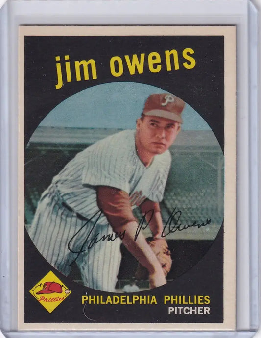 Vintage Topps Baseball card of Jim Owens, Philadelphia Phillies pitcher from 1959