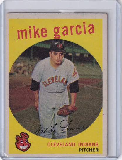 Vintage Topps Baseball card of Mike Garcia, Cleveland Indians pitcher in white uniform