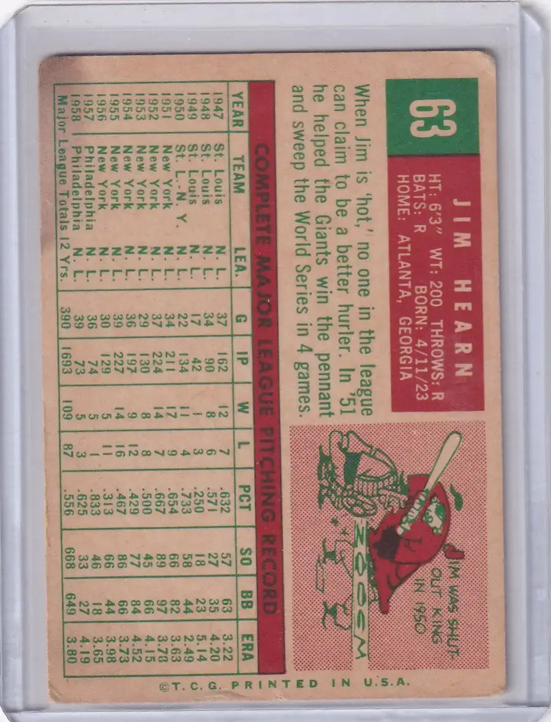 1959 Topps Baseball #63 Jim Hearn - Philadelphia Phillies