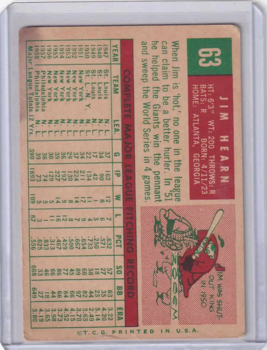 Vintage Topps Baseball card of Jim Hearn featuring Philadelphia Phillies illustration