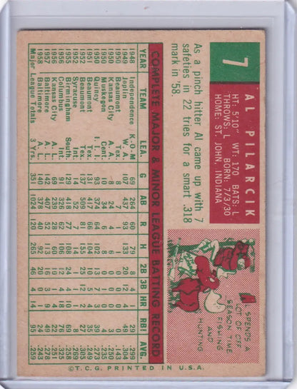 Vintage 1959 Topps Baseball #7 Al Pilarcik trading card of the Baltimore Orioles