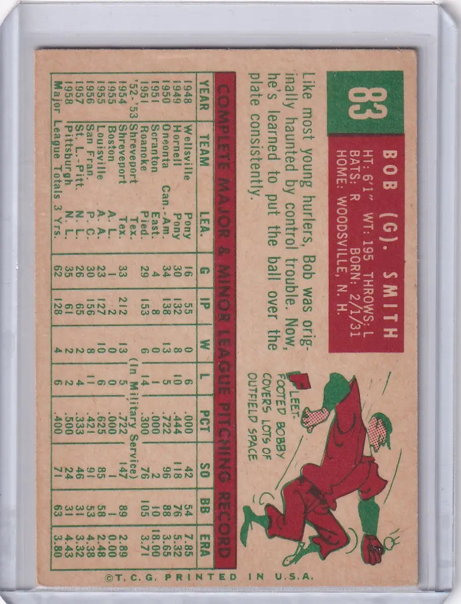 Vintage 1959 Topps Baseball card of Bob Smith, Pittsburgh Pirates with player illustration