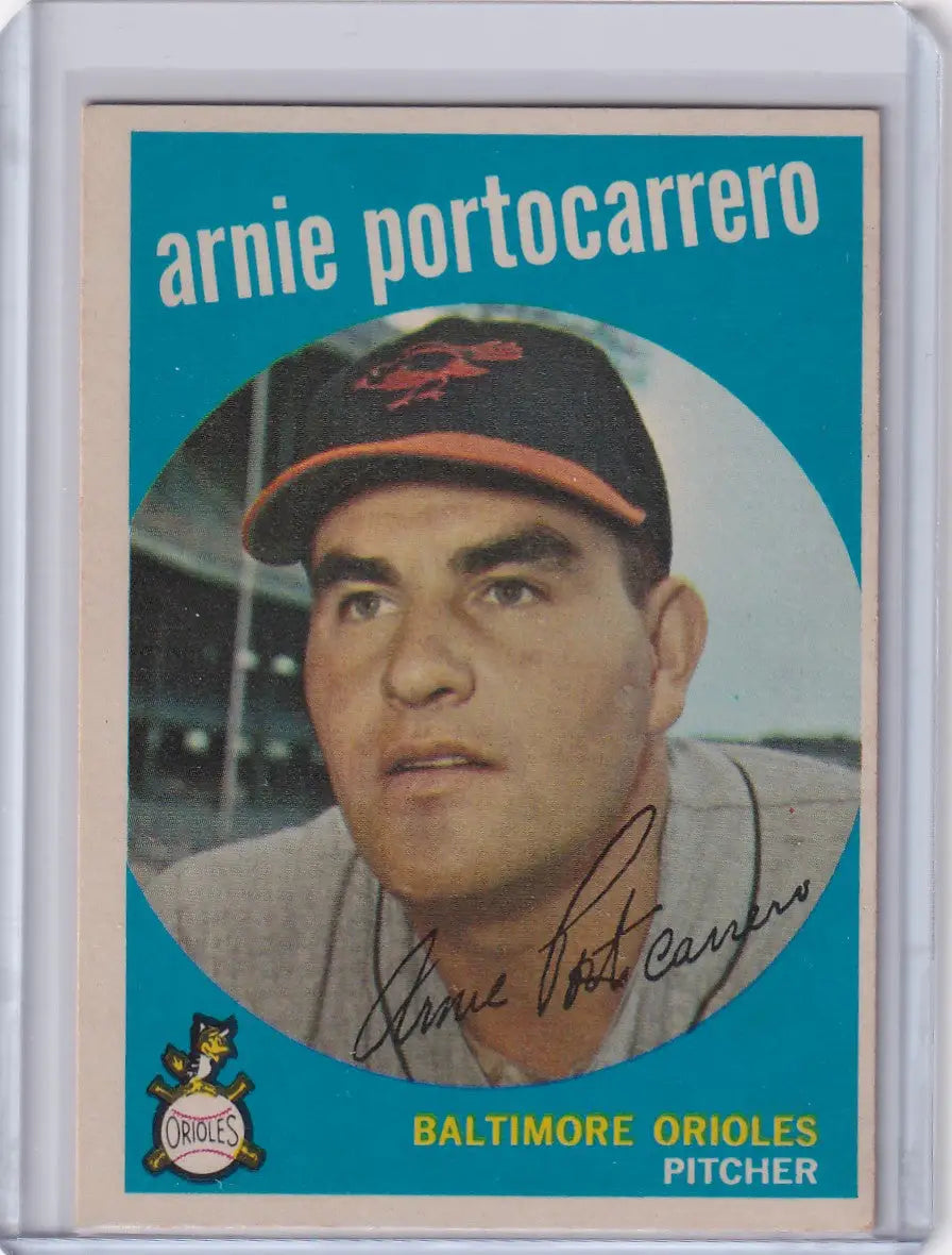 Baseball card of Arnie Portocarrero, Baltimore Orioles pitcher, Topps Baseball 1959