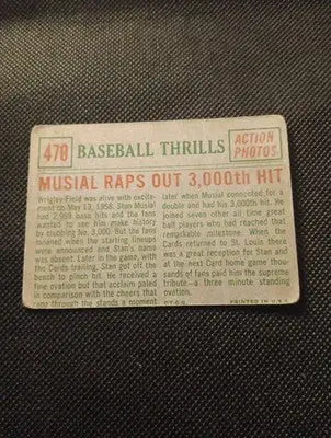 1959 Topps - Baseball Thrills Stan Musial 3000th Hit. #470. lower grade. VG - Baseball Card Single