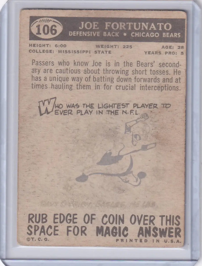 1959 Topps Football # 106 Joe Fortunato RC - Chicago Bears