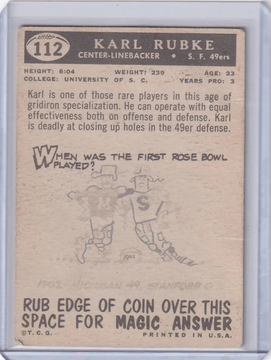 1959 Topps Football # 112 Karl Rubke RC - San Francisco 49ers