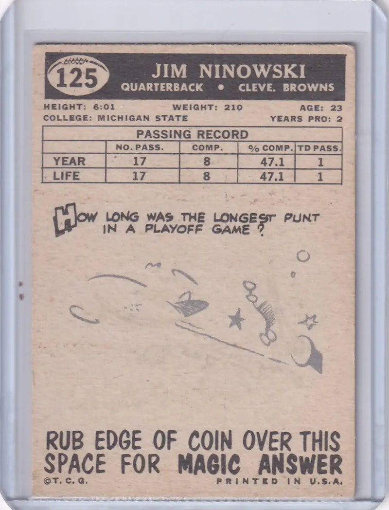 1959 Topps Football # 125 Jim Ninowski RC - Cleveland Browns