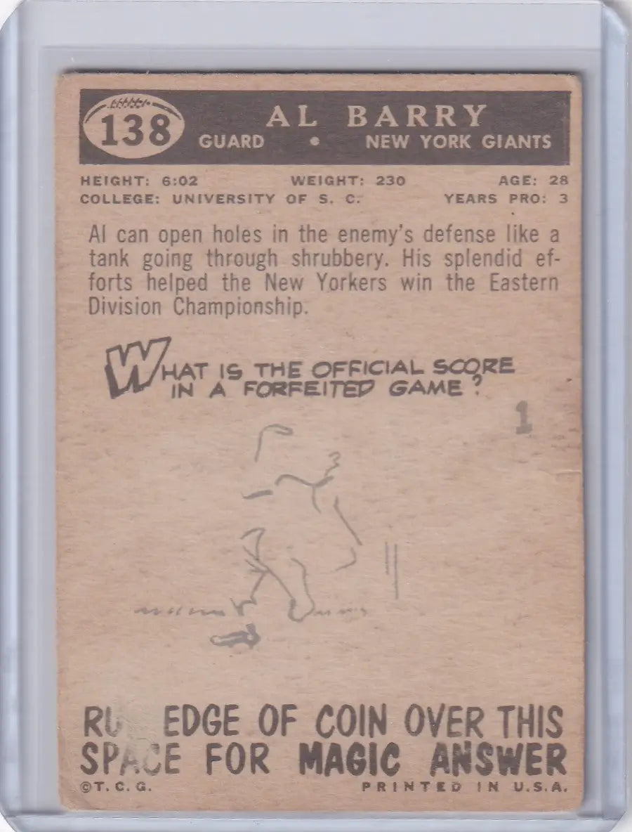 Vintage Topps Football trading card featuring Al Barry with magic answer scratch-off