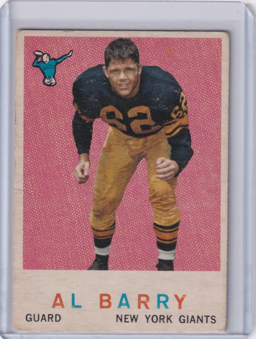 Vintage Topps Football trading card of Al Barry in New York Giants dark jersey