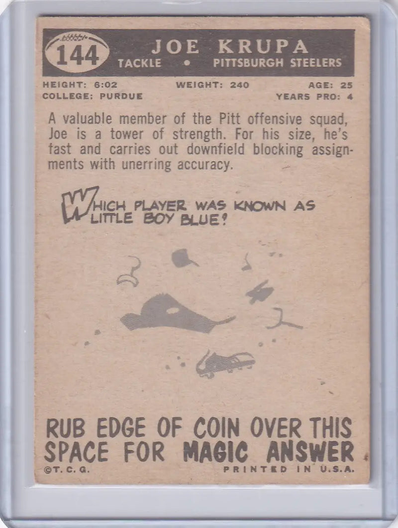 Vintage 1959 Topps Football card of Joe Krupa, Pittsburgh Steelers with scratch-off back