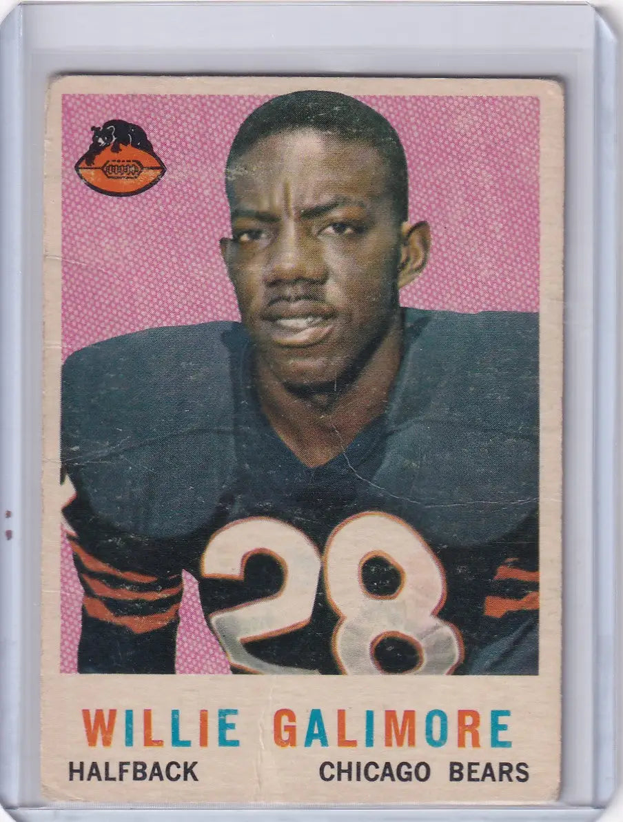 Vintage 1959 Topps Football card of Willie Galimore, Chicago Bears halfback, jersey 28