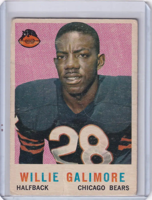 Vintage 1959 Topps Football card of Willie Galimore, Chicago Bears halfback, jersey 28