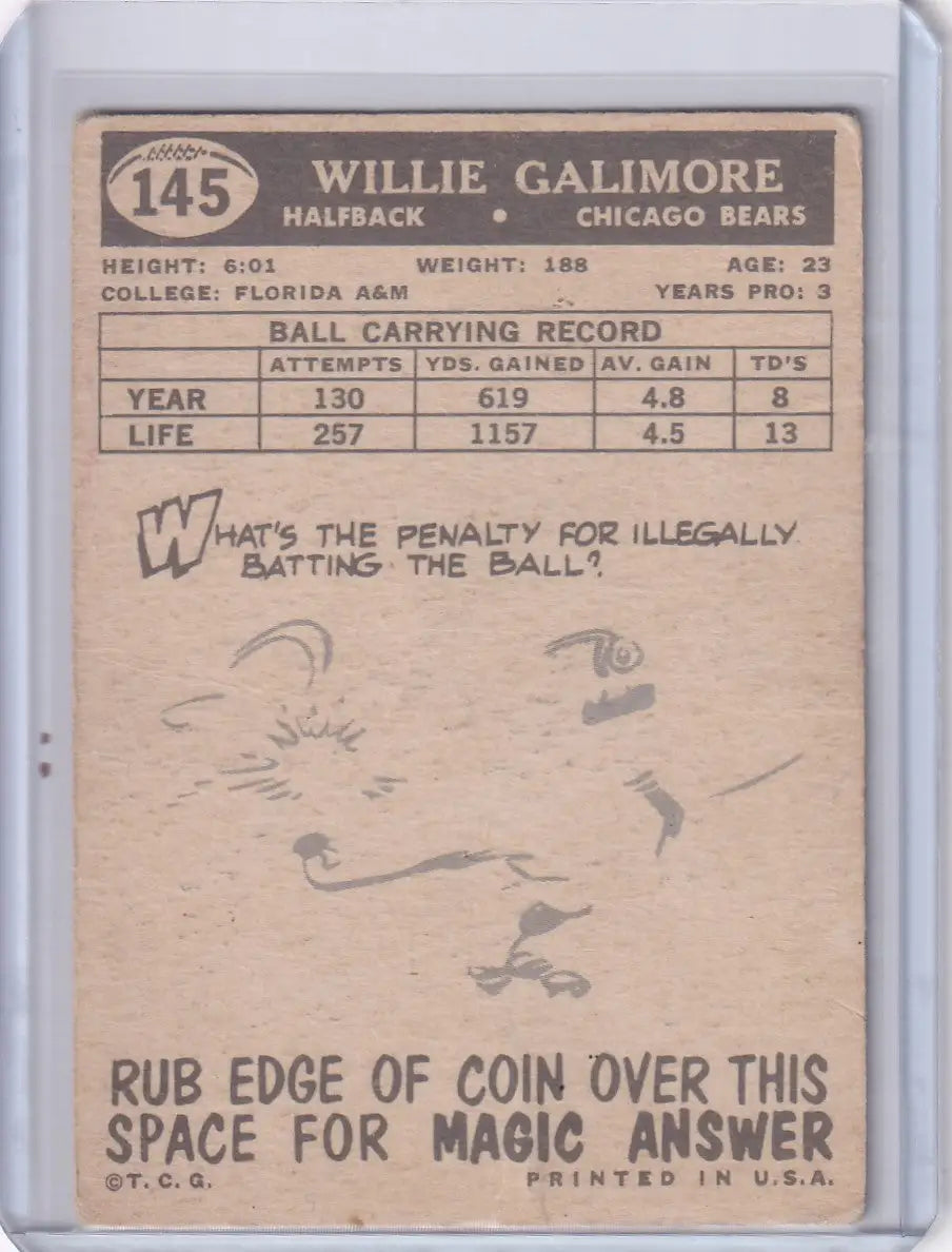 Vintage 1959 Topps Football card of Willie Galimore from the Chicago Bears with scratch-off section
