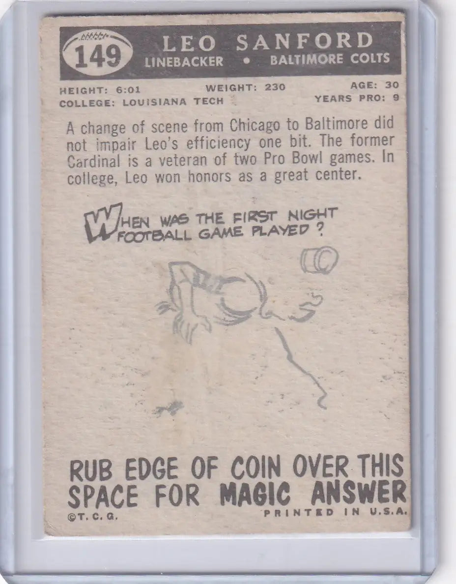 Vintage Topps Football card of Leo Sanford from the Baltimore Colts with scratch-off feature