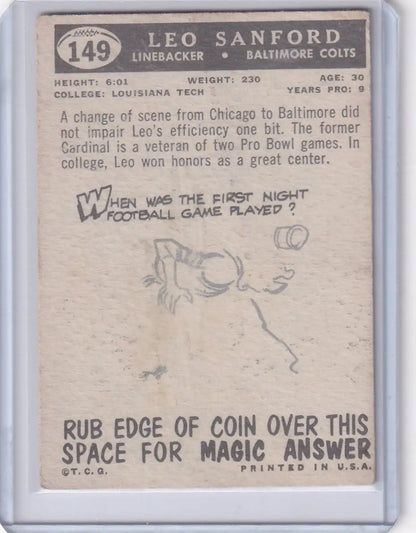 Vintage Topps Football card of Leo Sanford from the Baltimore Colts with scratch-off feature