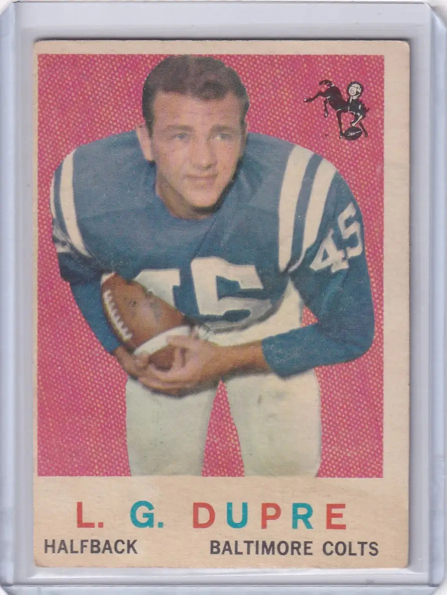 Vintage 1959 Topps Football card of L.G. Dupre, Baltimore Colts halfback holding football