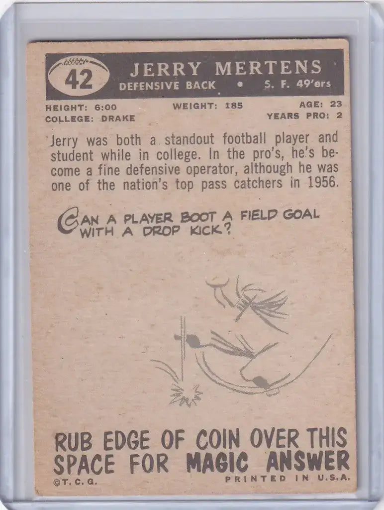 1959 Topps Football # 42 Jerry Mertens RC - San Francisco 49ers