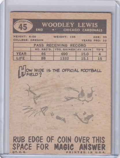 Vintage 1959 Topps Football card of Woodley Lewis from the Chicago Cardinals