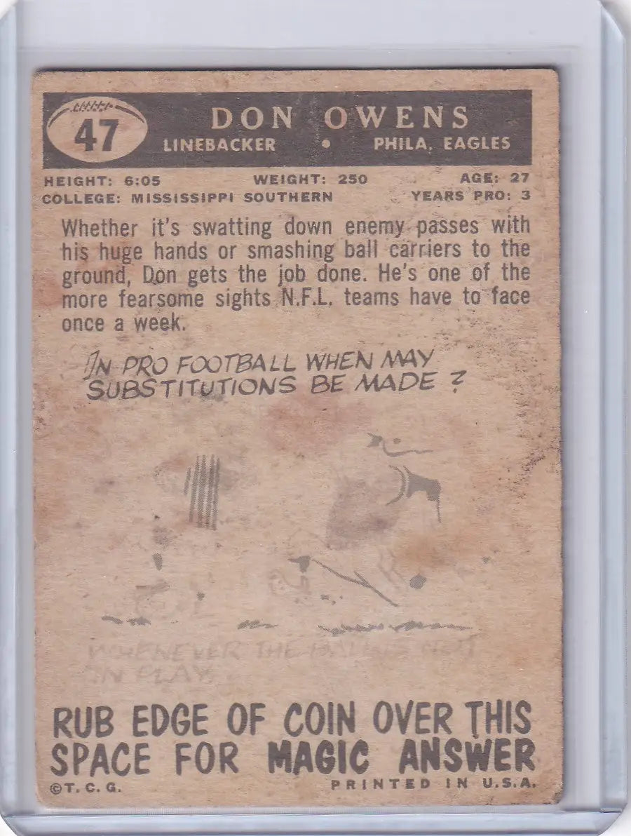 1959 Topps Football # 47 Don Owens RC UER - Philadelphia Eagles