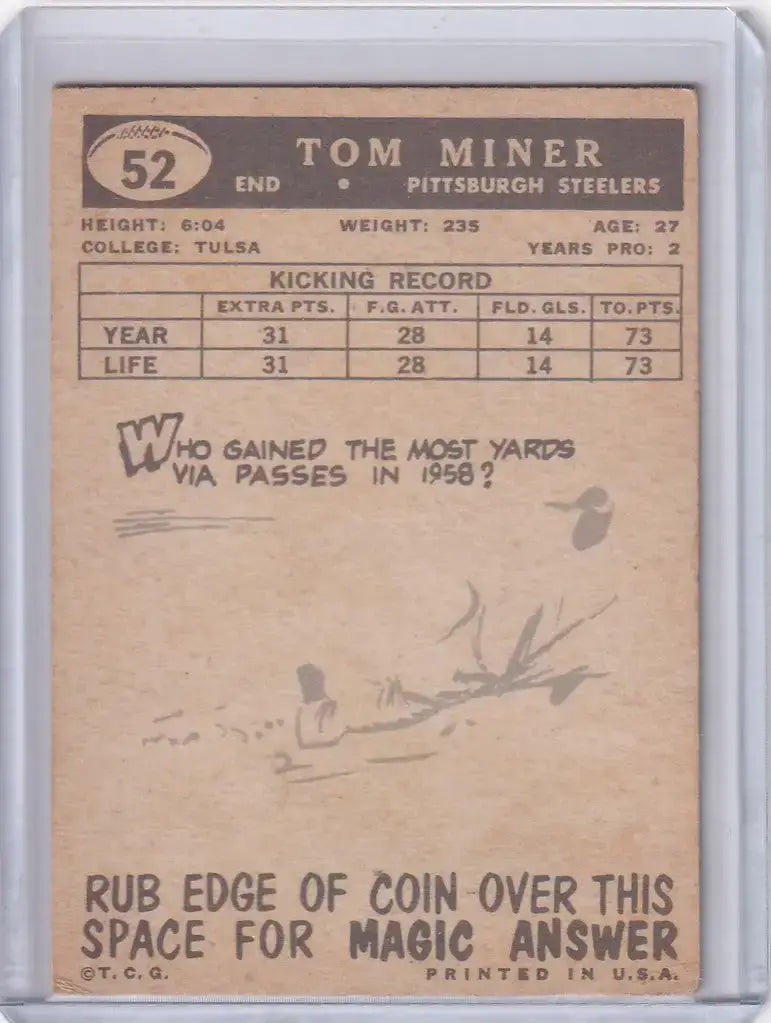 1959 Topps Football # 52 Tom Miner RC - Pittsburgh Steelers