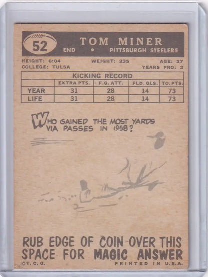 Vintage Topps Football trading card of Tom Miner, Pittsburgh Steelers player from 1959