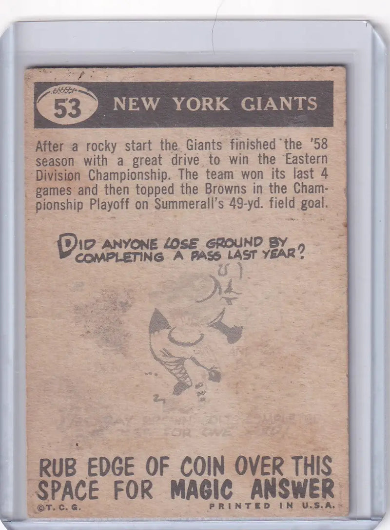 1959 Topps Football # 53 Giants Pennant - New York Giants - Football Card Single
